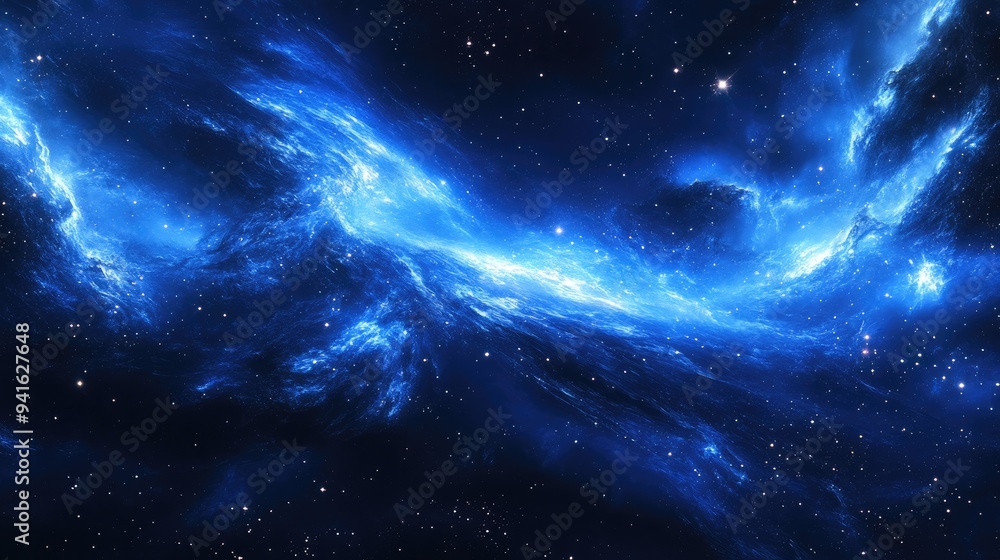 Obraz premium Deep blue galaxy with scattered stars and light trails, swirling cosmic clouds forming a mesmerizing celestial scene