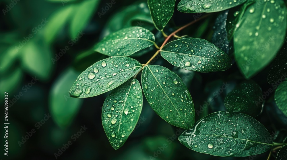 Droplets of water on fresh green leaves, creating a tranquil and refreshing nature background Droplets of water on fresh green leaves, creating a tranquil and refreshing nature background
