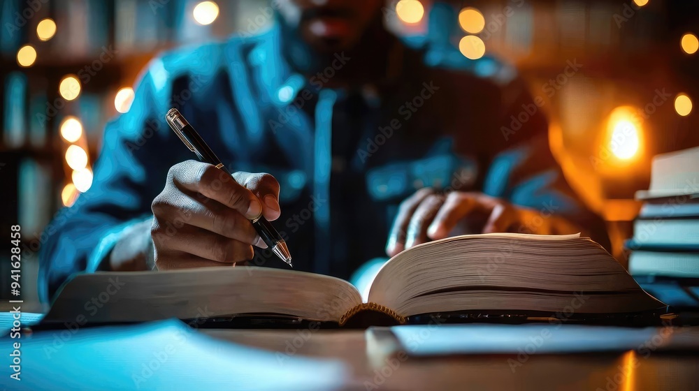 A person writes notes in a book surrounded by warm light, showcasing a serene study environment ideal for learning and reflection. A person writes notes in a book surrounded by warm light, showcasing a serene study environment ideal for learning and reflection.