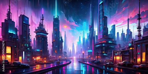 Cyberpunk Matrix: Futuristic, neon-lit cityscapes, glitchy textures, vibrant hues, digital artifacts