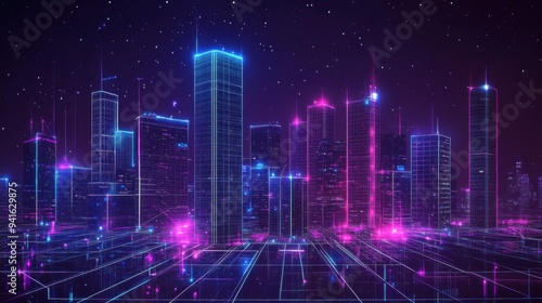 Futuristic cityscape with neon lights and digital elements.