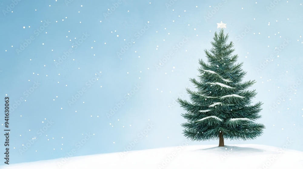 A charming watercolor illustration of a snow-covered Christmas tree standing tall against a serene winter background. The tree is adorned with a single star on top, symbolizing hope, joy, and the fest A charming watercolor illustration of a snow-covered Christmas tree standing tall against a serene winter background. The tree is adorned with a single star on top, symbolizing hope, joy, and the fest