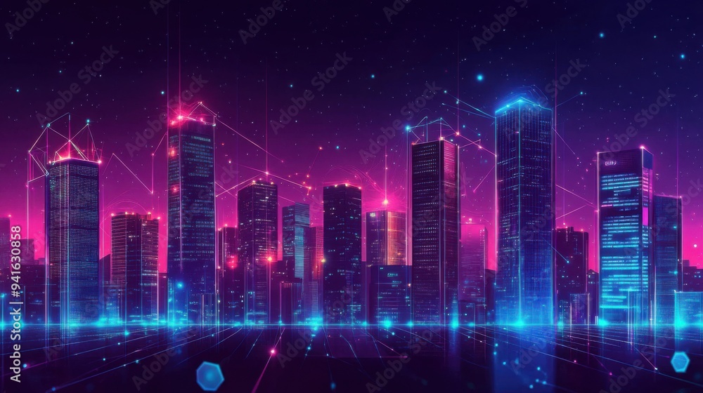 Futuristic city skyline with neon lights and digital elements. Futuristic city skyline with neon lights and digital elements.