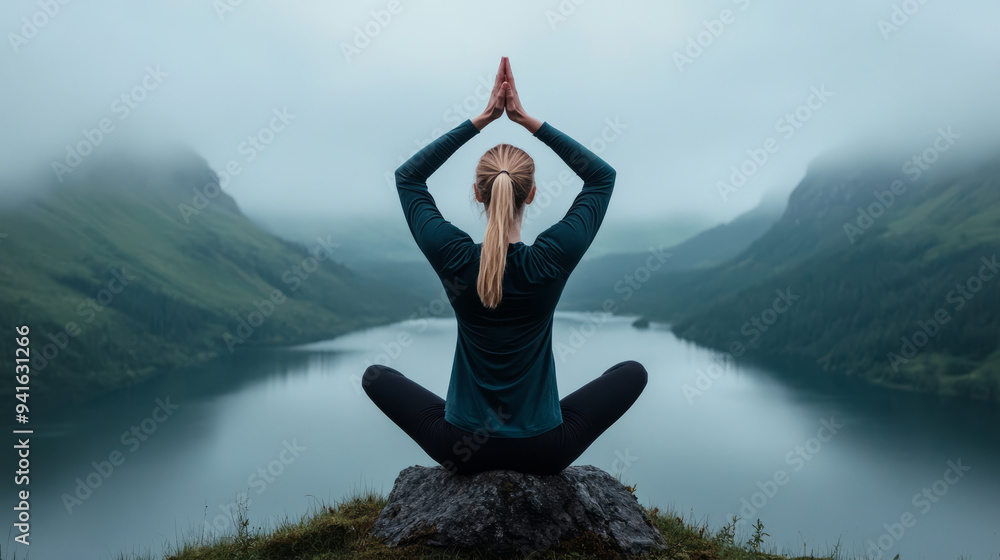 Serene woman practicing yoga in nature, surrounded by mountains and lake, conveying peace and mindfulness. Serene woman practicing yoga in nature, surrounded by mountains and lake, conveying peace and mindfulness.