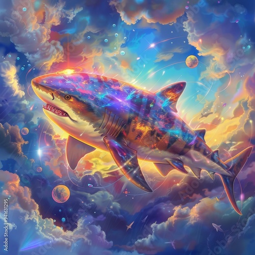 Surreal painting of a shark swimming in the sky. photo