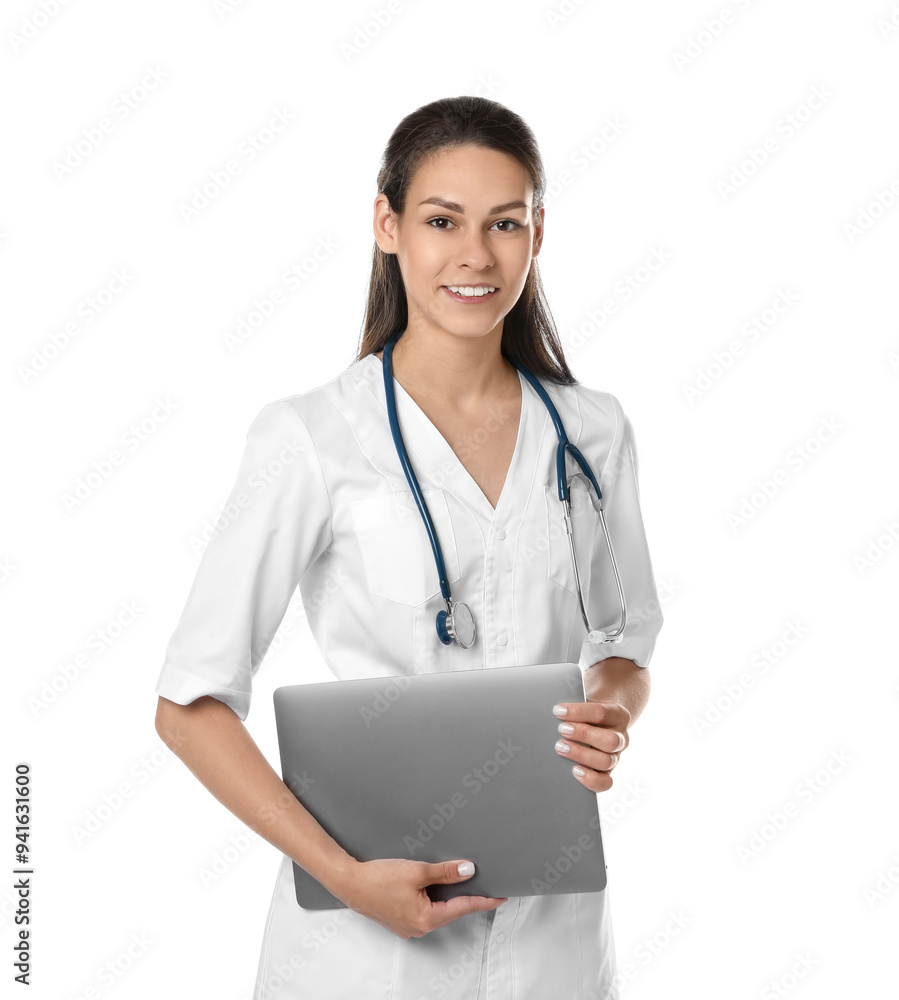 Portrait of smiling nurse with laptop on white background Portrait of smiling nurse with laptop on white background