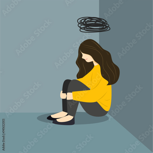 Depression woman illustration, woman with anxiety cartoon, mental health Illustration