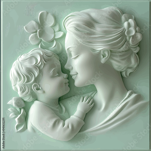 3D bas-relief of a mother and child close-up in mint tones.Vector. A resource for advertising reproductive medicine centers, perinatal departments, a sketch, a template for creativity, creative interi