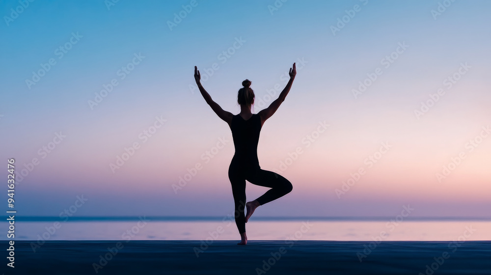 A woman practices yoga at sunset, embodying tranquility and balance against serene ocean backdrop. A woman practices yoga at sunset, embodying tranquility and balance against serene ocean backdrop.