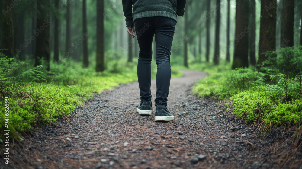 Walking through serene forest path, person in dark clothing enjoys tranquility of nature. lush greenery and misty atmosphere evoke sense of peace and reflection. Walking through serene forest path, person in dark clothing enjoys tranquility of nature. lush greenery and misty atmosphere evoke sense of peace and reflection.