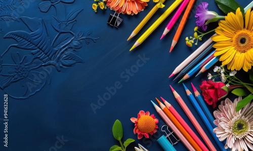 An eye-catching layout of pencils, flowers, and stationery on a dark blue backdrop. photo