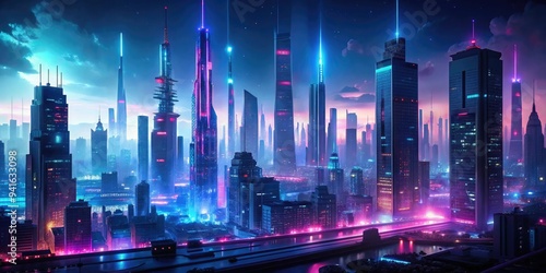 Cyberpunk Skyline: Urban, futuristic, neon, glowing, ethereal