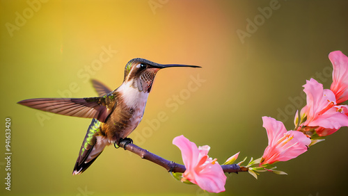 Dynamic flight of a hummingbird with blurred wings and a sharp focus on the body, hovering near a branch with pink flowers, with bright green and white plumage, brownish gray underparts and iridescent