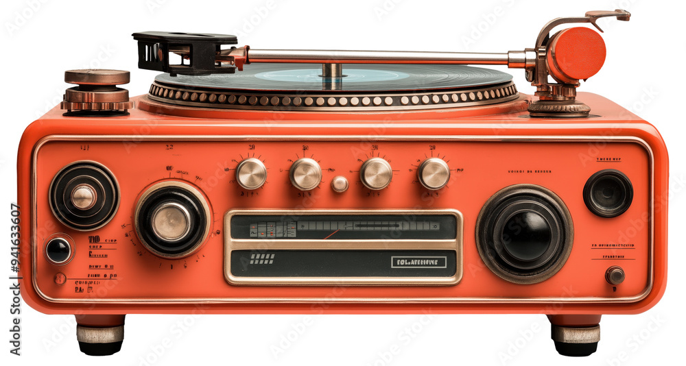 Fototapeta premium PNG Retro-style orange turntable radio