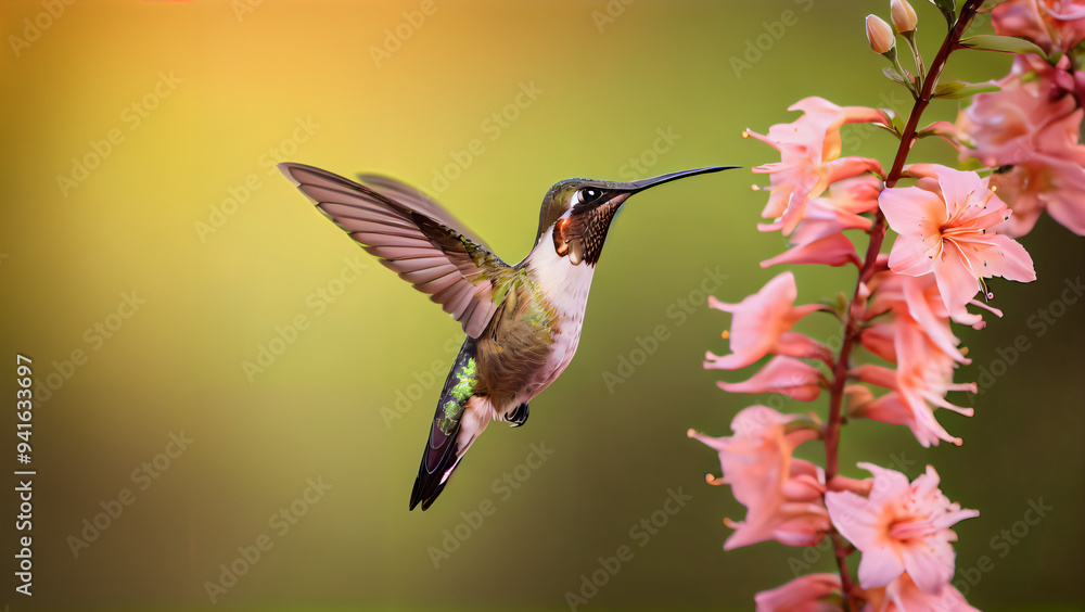 Naklejka premium Dynamic flight of a hummingbird with blurred wings and a sharp focus on the body, hovering near a branch with pink flowers, with bright green and white plumage, brownish gray underparts and iridescent