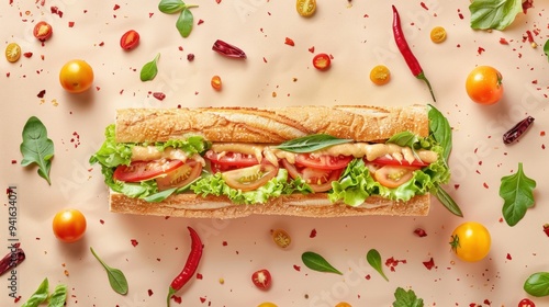 Freshly made baguette sandwich with tomato and lettuce. photo