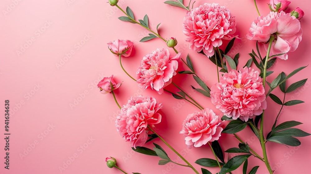 Pink peonies roses on white background with copy space abstract natural floral frame layout with text space romantic feminine composition wedding invitation concept. Pink peonies roses on white background with copy space abstract natural floral frame layout with text space romantic feminine composition wedding invitation concept.