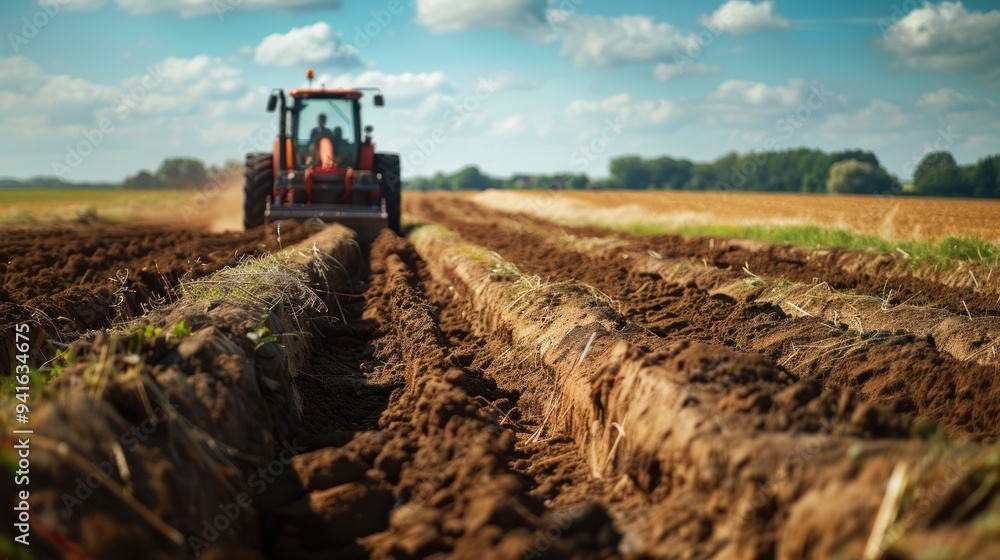 Fototapeta premium Side view of a trencher cutting through the earth for pipeline installation