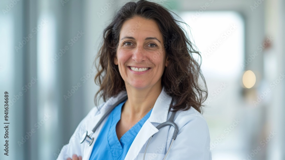 A confident female doctor in a hospital smiles, ideal for medical topics. White coat, blue scrubs, curly hair, hospital corridor. Keywords female doctor, healthcare, professional, confidence A confident female doctor in a hospital smiles, ideal for medical topics. White coat, blue scrubs, curly hair, hospital corridor. Keywords female doctor, healthcare, professional, confidence