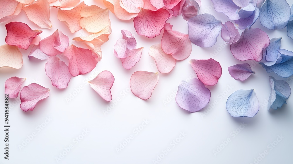 Delicate pastel flower petals are scattered across a white background, creating a soft and romantic visual perfect for design or decor. Delicate pastel flower petals are scattered across a white background, creating a soft and romantic visual perfect for design or decor.