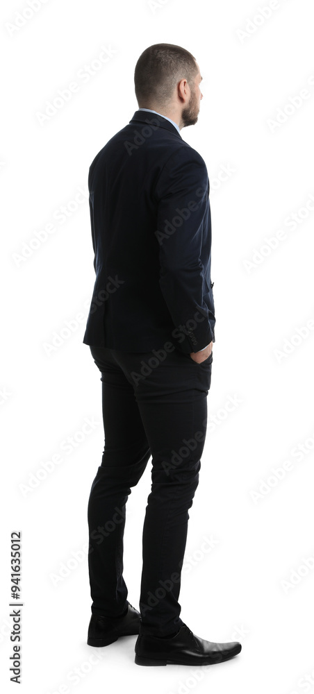 Businessman in suit on white background, back view Businessman in suit on white background, back view