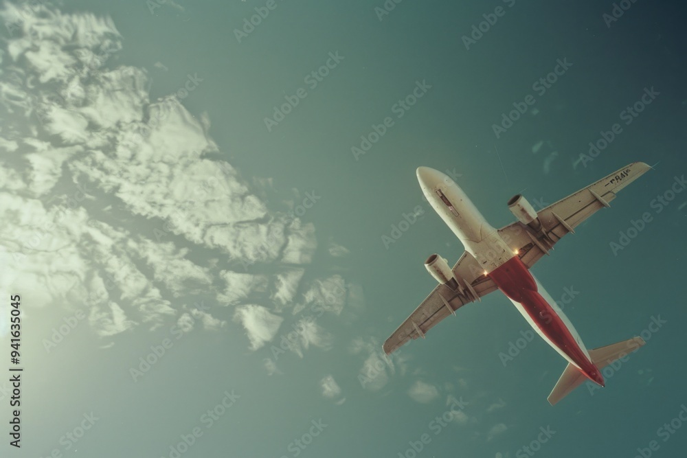 Obraz premium An airplane soars through a clear blue sky with fluffy white clouds