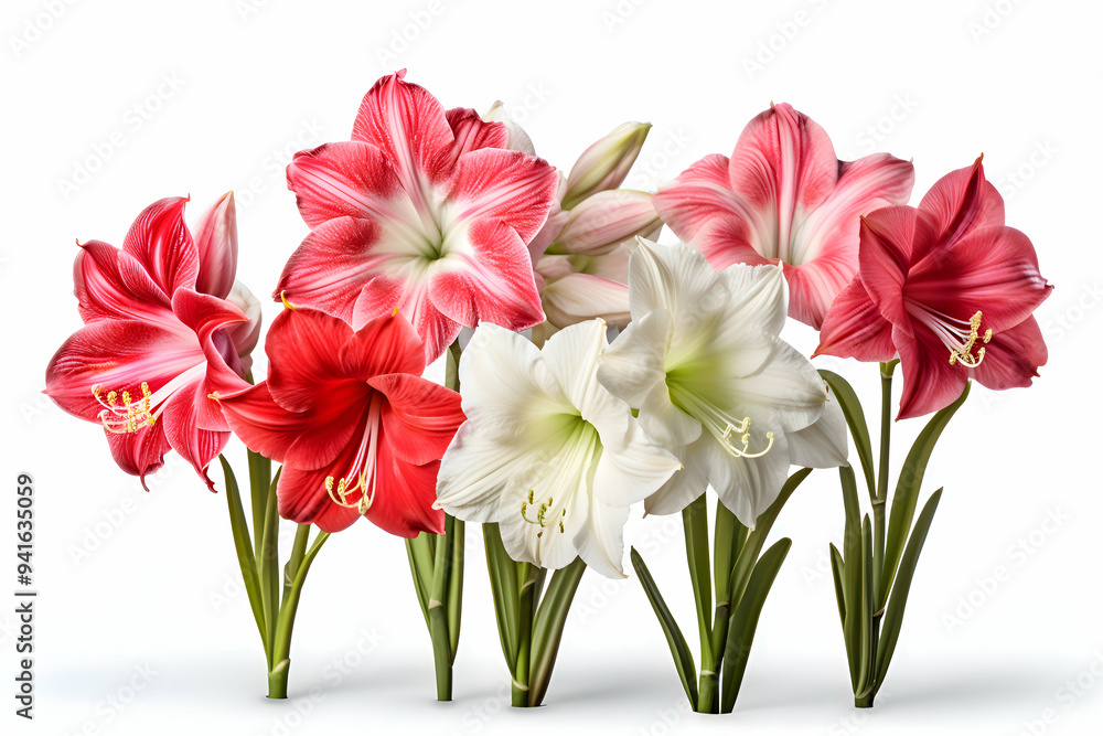 Elegant Array of Amaryllis Blooms in Red, Pink, and White Elegant Array of Amaryllis Blooms in Red, Pink, and White