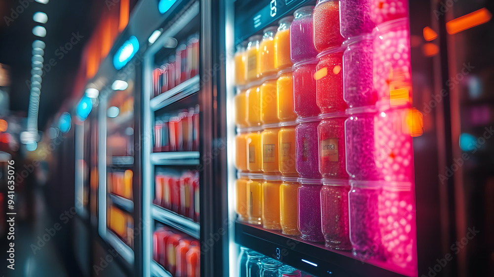 Glass Jars of Colorful Gels in a Display Case - Realistic Photo Glass Jars of Colorful Gels in a Display Case - Realistic Photo