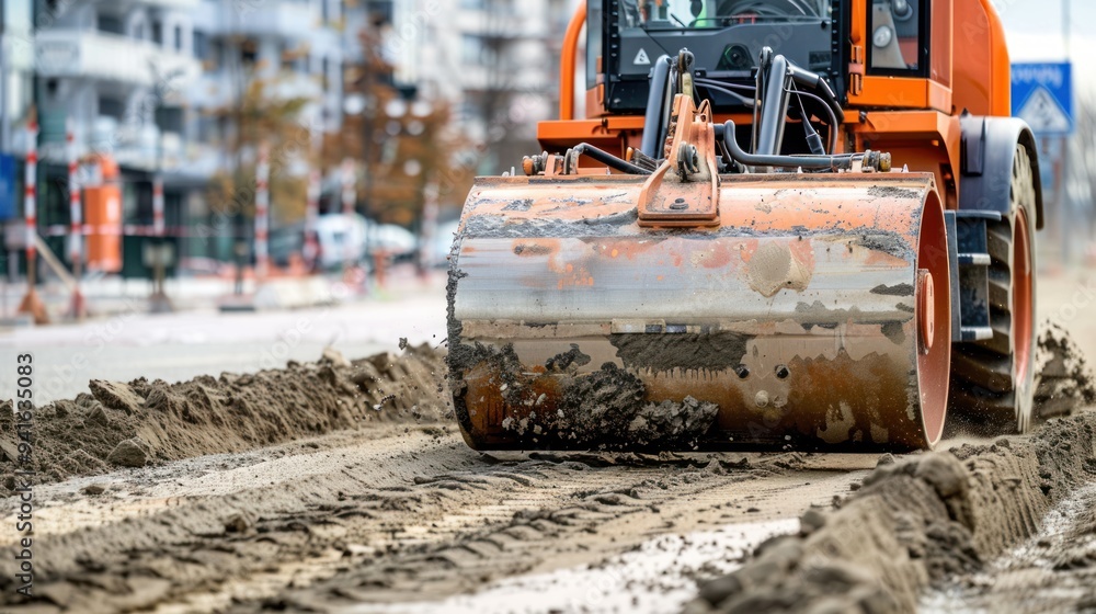 Single drum roller compacting soil on a construction site Single drum roller compacting soil on a construction site