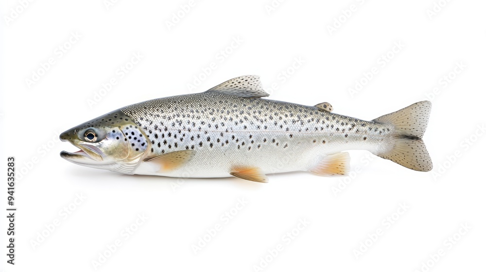 A close-up photograph of a fresh, whole Black Sea Trout, displayed on a pristine white background. The fish is positioned horizontally, showcasing its detailed scales and vibrant colors. It represent A close-up photograph of a fresh, whole Black Sea Trout, displayed on a pristine white background. The fish is positioned horizontally, showcasing its detailed scales and vibrant colors. It represent
