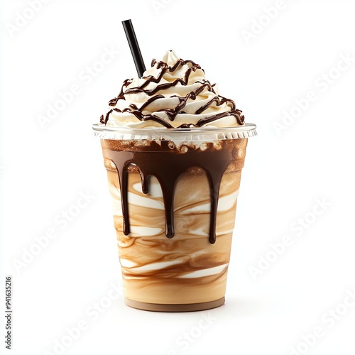 Mocha frappe in plastic cup with whipping cream and chocolate sauce topping. Sweet favorite coffee menu.