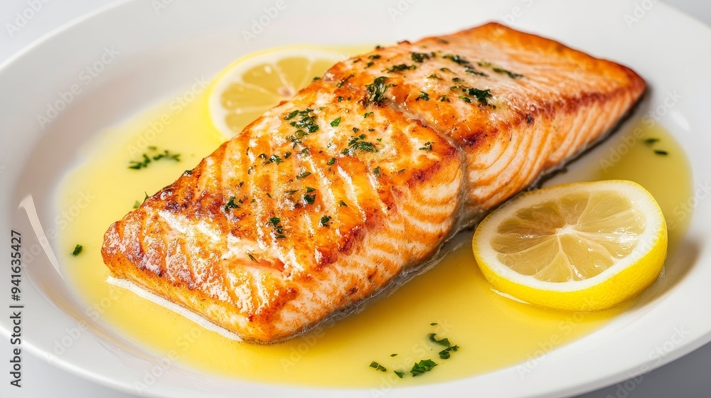 Crispy-skinned salmon, bathed in lemon butter sauce, light and flavorful, 3D illustration Crispy-skinned salmon, bathed in lemon butter sauce, light and flavorful, 3D illustration