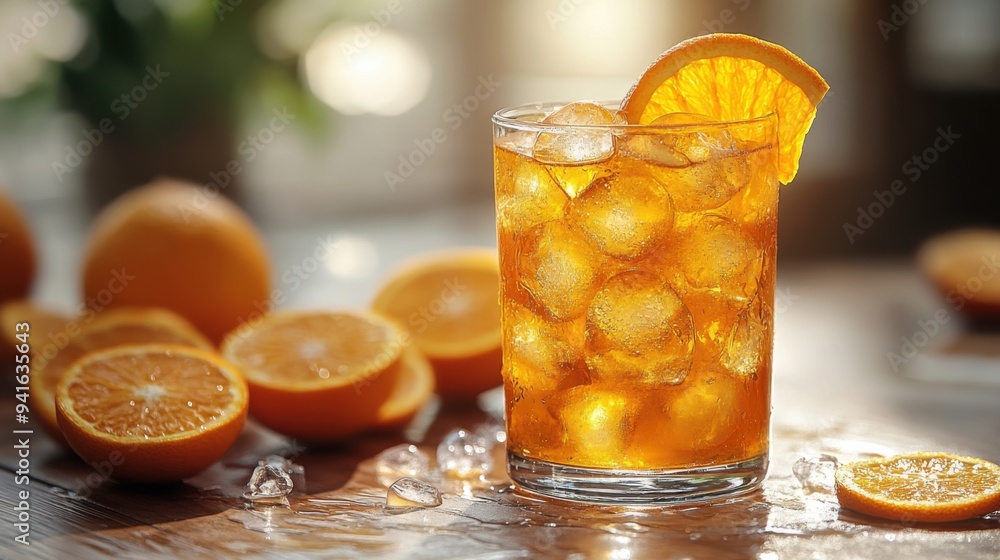 A refreshing drink with ice and orange slices on a wooden table.