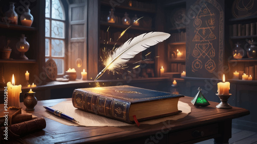 Magic Book with a Magical Pen in a Wizarding Room with Magical Effects