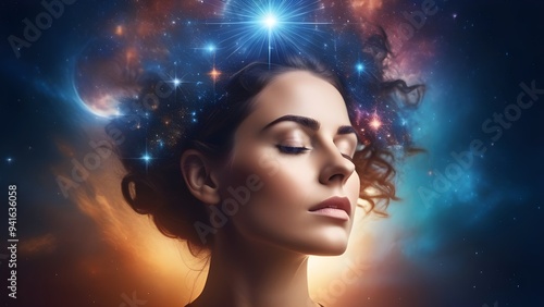 A girl in a named state of meditation, astral travel, lucid dream. Alpha, theta waves.