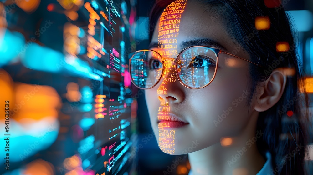 Female Asian programmer analyzing data on a digital screen with glowing code reflections. Female Asian programmer analyzing data on a digital screen with glowing code reflections.