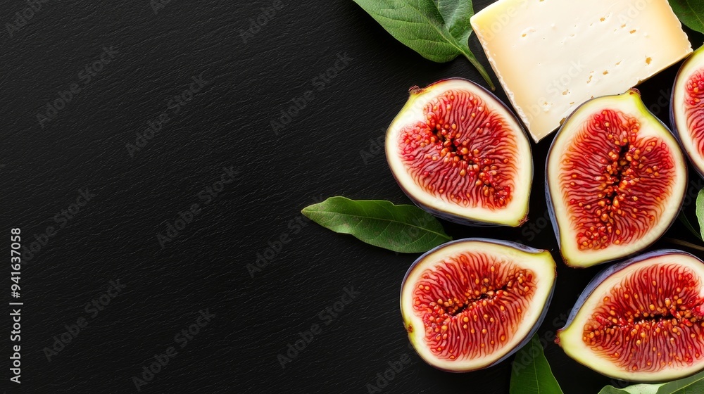 Halved figs with honey glaze, arranged with fine cheese, rustic snack, 3D illustration, copy space for text Halved figs with honey glaze, arranged with fine cheese, rustic snack, 3D illustration, copy space for text