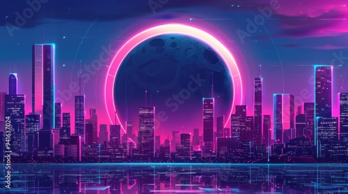 Wallpaper Mural Futuristic Cityscape with Neon Lights and Glowing Orb. Torontodigital.ca