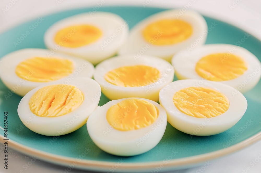 Close-up of halved hard-boiled eggs arranged on a turquoise plate, showcasing their bright yellow yolks and smooth white egg whites, ideal for food-related content. Close-up of halved hard-boiled eggs arranged on a turquoise plate, showcasing their bright yellow yolks and smooth white egg whites, ideal for food-related content.