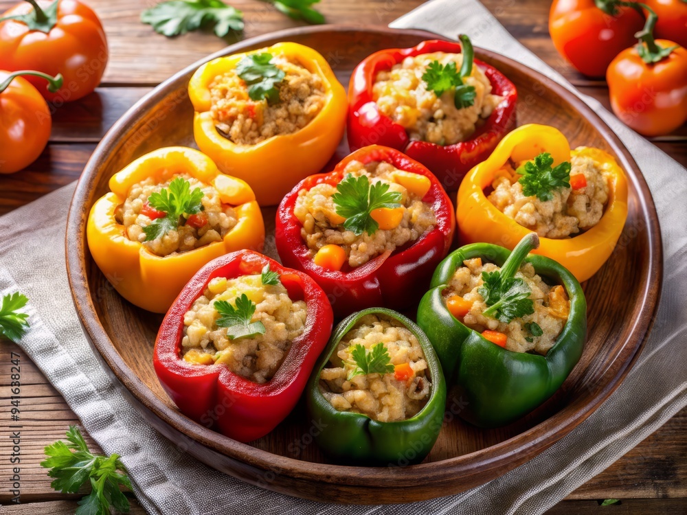 Spicy Harmony - High angle shot of stuffed peppers, soft diffused lighting, warm pastel hues, balanced composition, calming mood, serene atmosphere. Spicy Harmony - High angle shot of stuffed peppers, soft diffused lighting, warm pastel hues, balanced composition, calming mood, serene atmosphere.