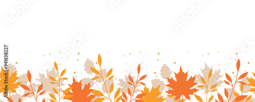 Autumn border with orange and yellow   leaves. Seamless horizontal pattern with simple leaf silhouettes. Vector decoration for Fall, Thanksgiving and Harvest Day design