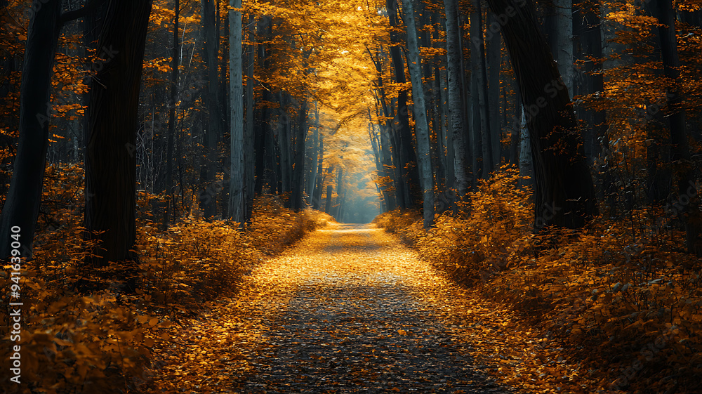 A path through a forest with trees in vibrant autumn colors, golden leaves carpeting the ground, and soft, warm light filtering through the branches, creating a tranquil scene. A path through a forest with trees in vibrant autumn colors, golden leaves carpeting the ground, and soft, warm light filtering through the branches, creating a tranquil scene.