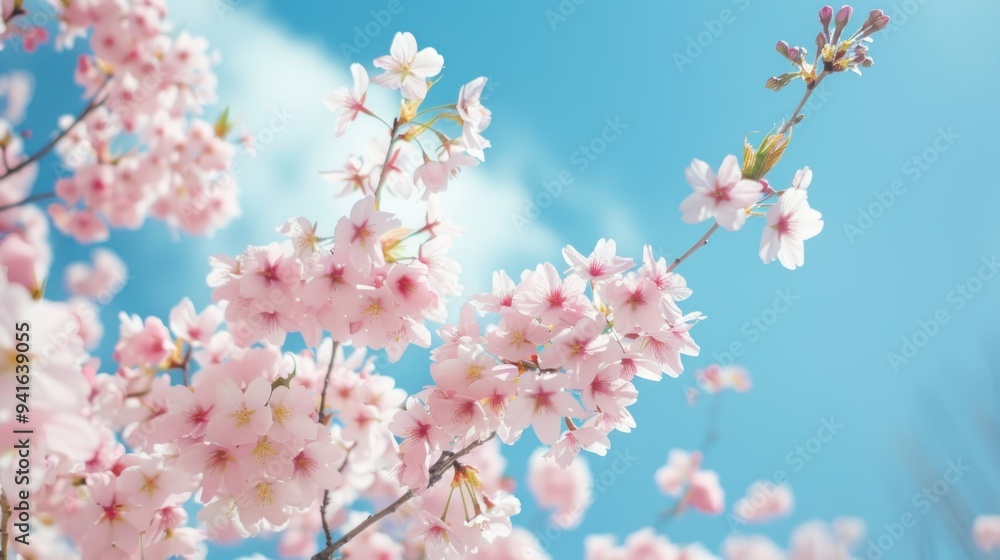 Delicate Pink Cherry Blossoms Against a Blue Sky. Delicate Pink Cherry Blossoms Against a Blue Sky.