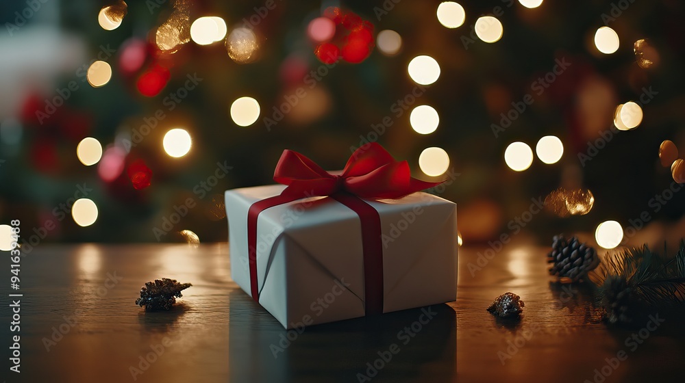 White gift box with red ribbon surrounded by Christmas decorations and lights. AI generated image White gift box with red ribbon surrounded by Christmas decorations and lights. AI generated image