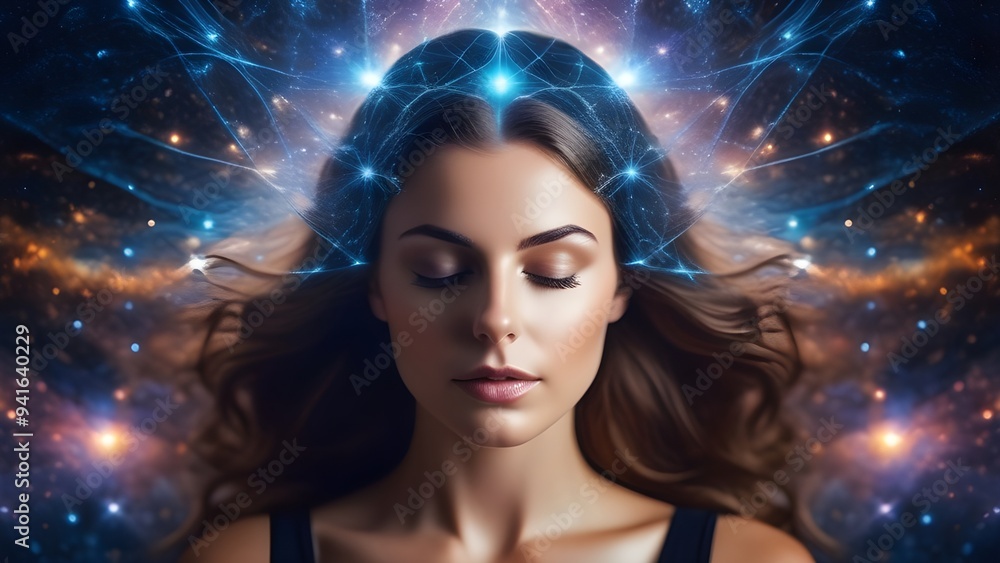 A girl in a named state of meditation, astral travel, lucid dream. Alpha, theta waves. A girl in a named state of meditation, astral travel, lucid dream. Alpha, theta waves.