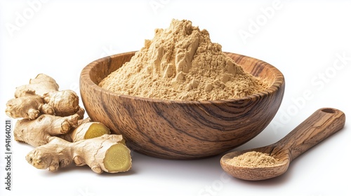 Fresh ginger roots and ginger powder in a wooden bowl with a spoon on a white background 