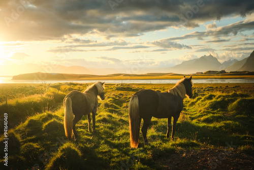 Two icelandic horses on a field with the setting sun, beautiful fine art, mountains in the background