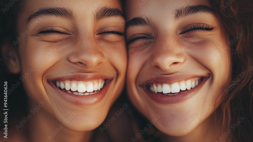 Two friends with bright, joyful smiles, captured in close-up with their heads close together, soft natural light highlighting their happy expressions against a blurred neutral background. Two friends with bright, joyful smiles, captured in close-up with their heads close together, soft natural light highlighting their happy expressions against a blurred neutral background.