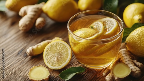 Ginger and lemon juice in a transparent glass with lemon slices and ice cubes dipped