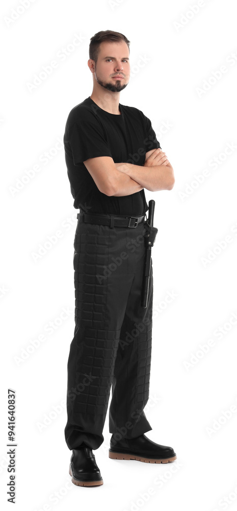 Young bodyguard with baton isolated on white Young bodyguard with baton isolated on white